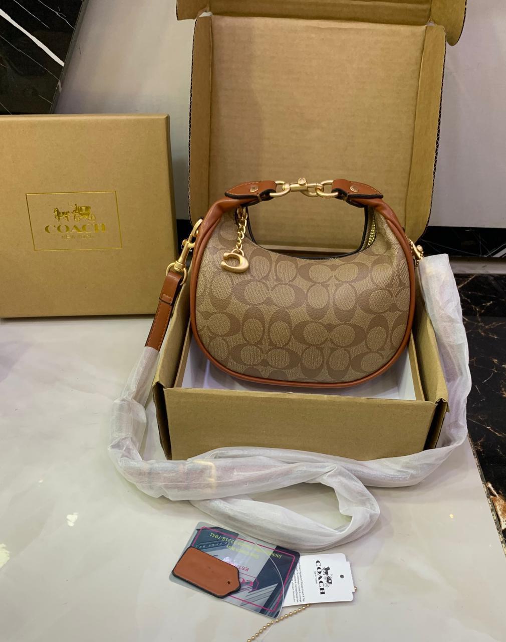 Coach Mini Leather Crescent Shoulder Bag in Signature Canvas