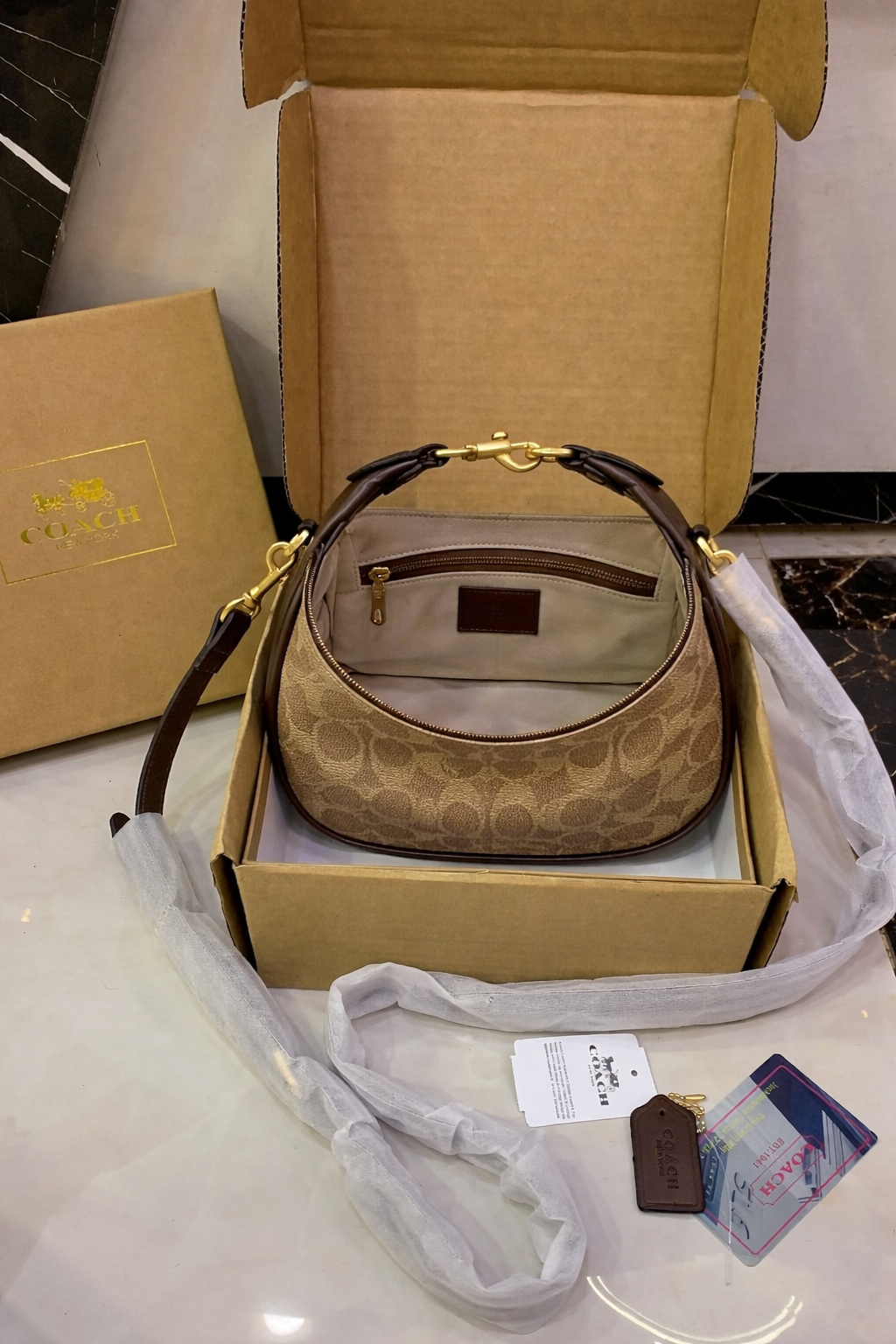 Coach Mini Leather Crescent Shoulder Bag in Signature Canvas