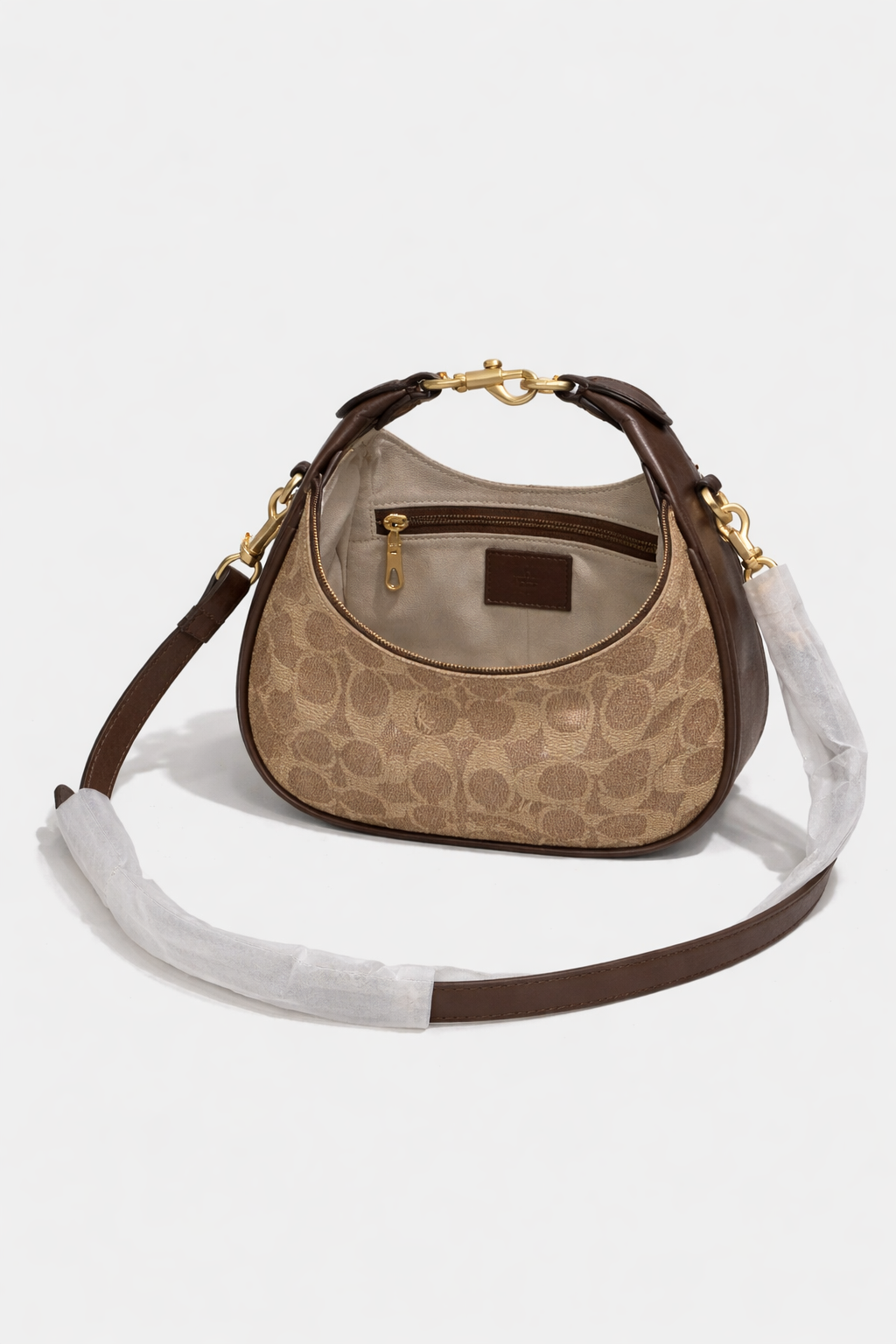 Coach Mini Leather Crescent Shoulder Bag in Signature Canvas