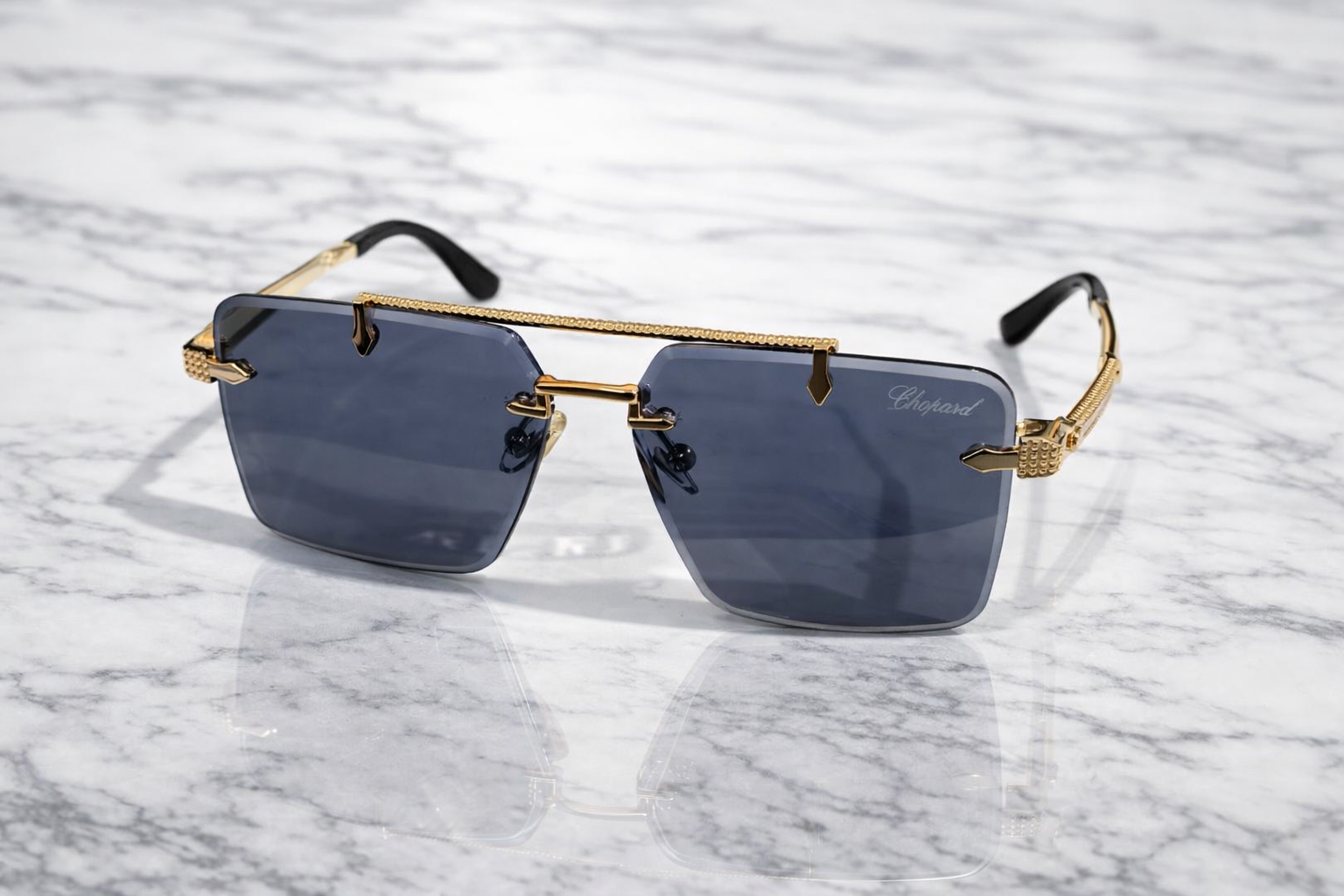 Chopard Rimless Rectangular Sunglasses with Textured Gold Bar & Smoke Lenses 1