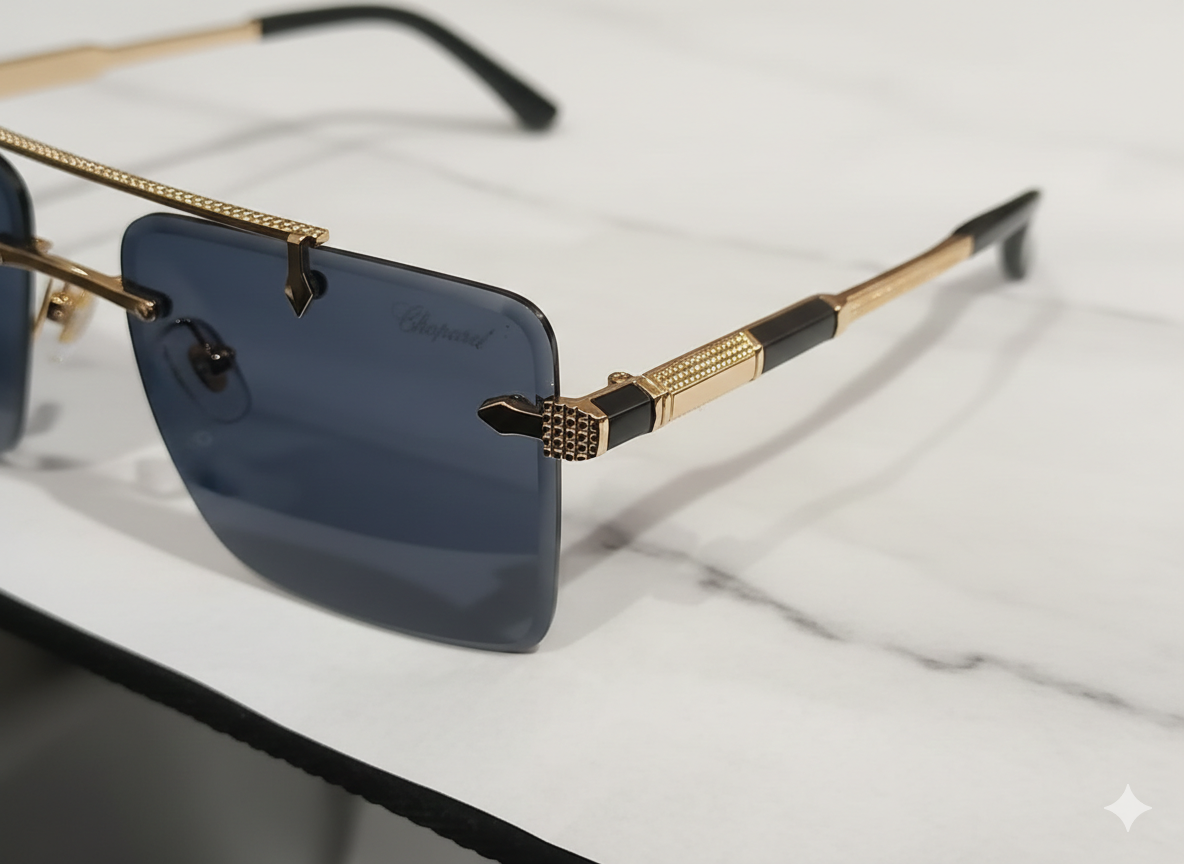 Chopard Rimless Rectangular Sunglasses with Textured Gold Bar & Smoke Lenses 3