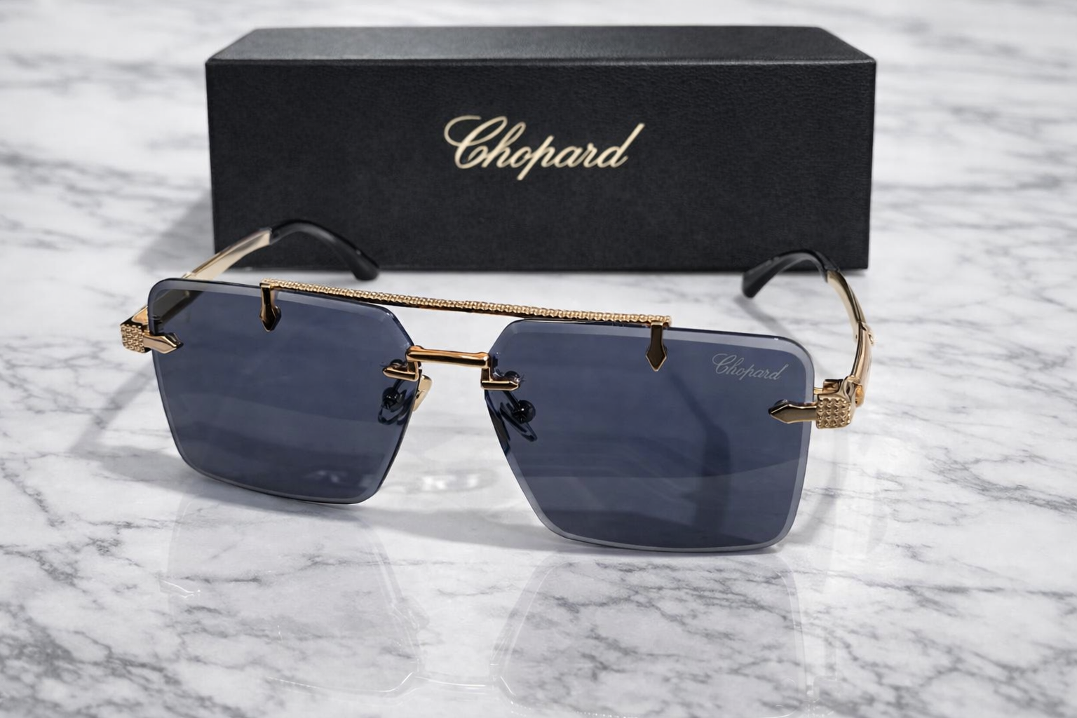 Chopard Rimless Rectangular Sunglasses with Textured Gold Bar & Smoke Lenses 5