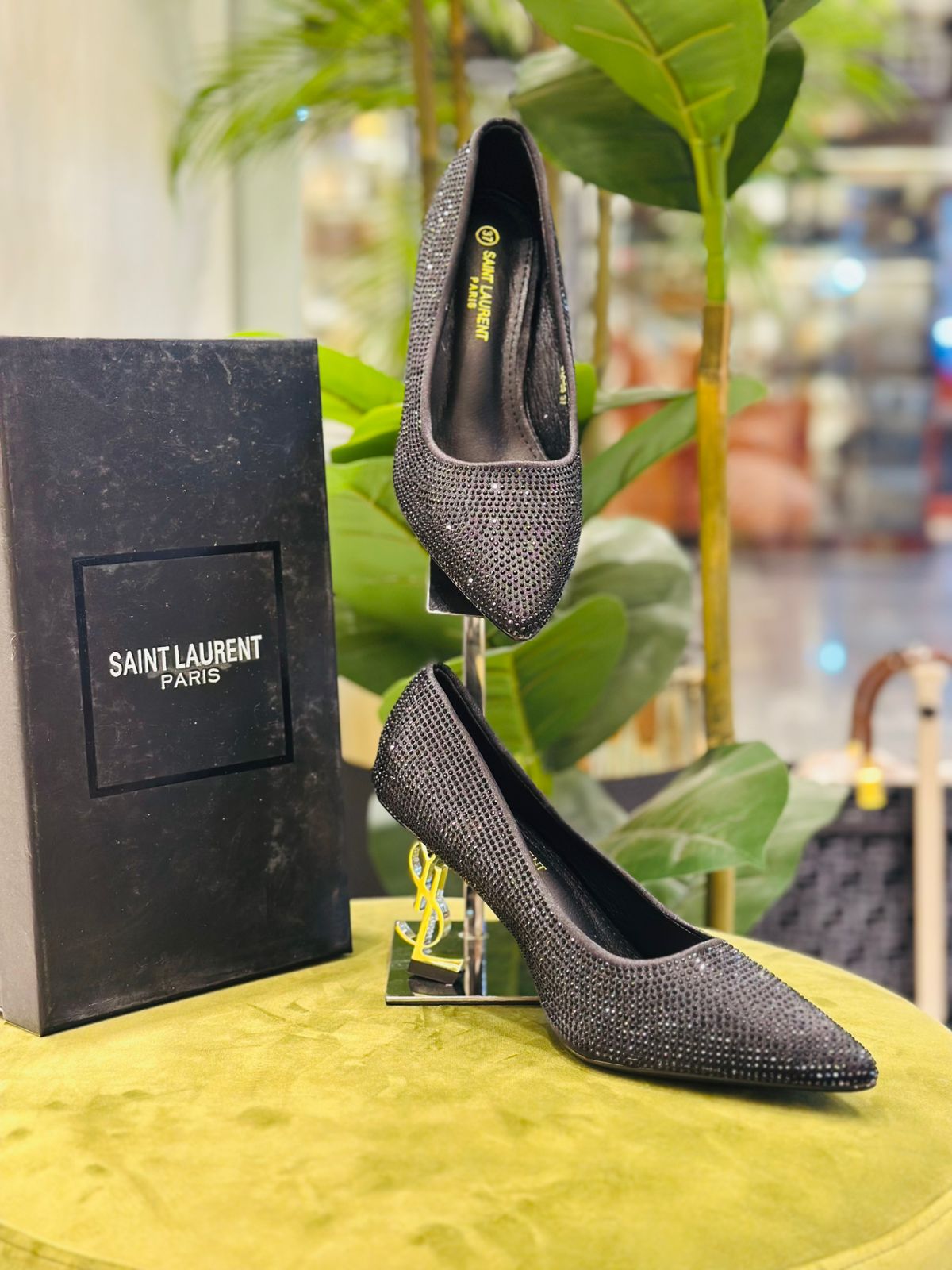 Saint Laurent Crystal-Embellished Pointed-Toe Pumps Black 1