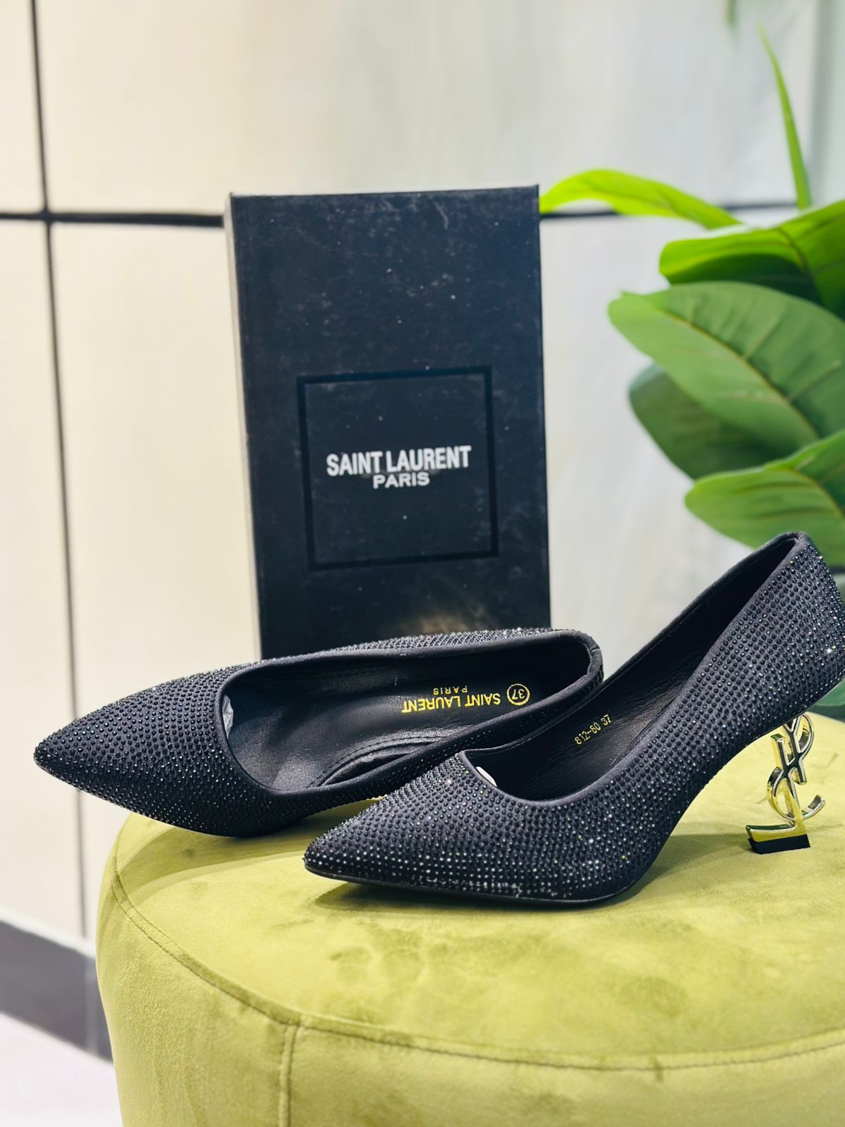 Saint Laurent Crystal-Embellished Pointed-Toe Pumps Black 2