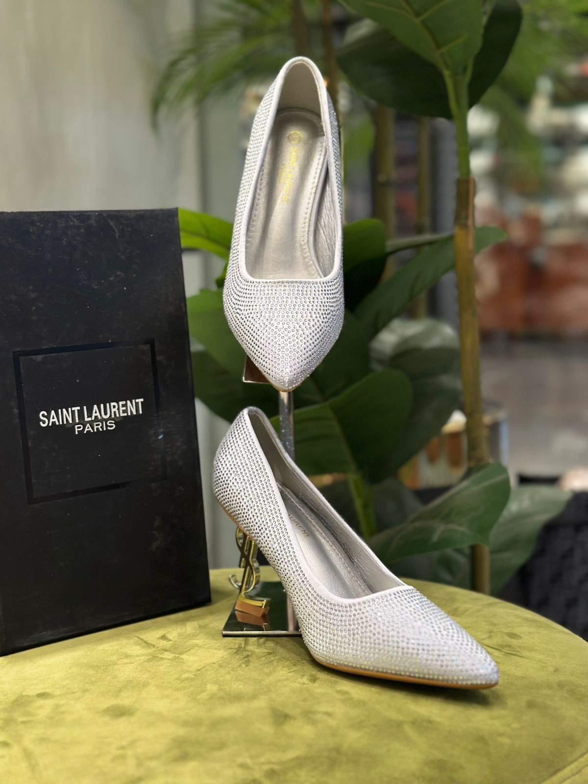 Saint Laurent Crystal-Embellished Pointed-Toe Pumps Silver 1