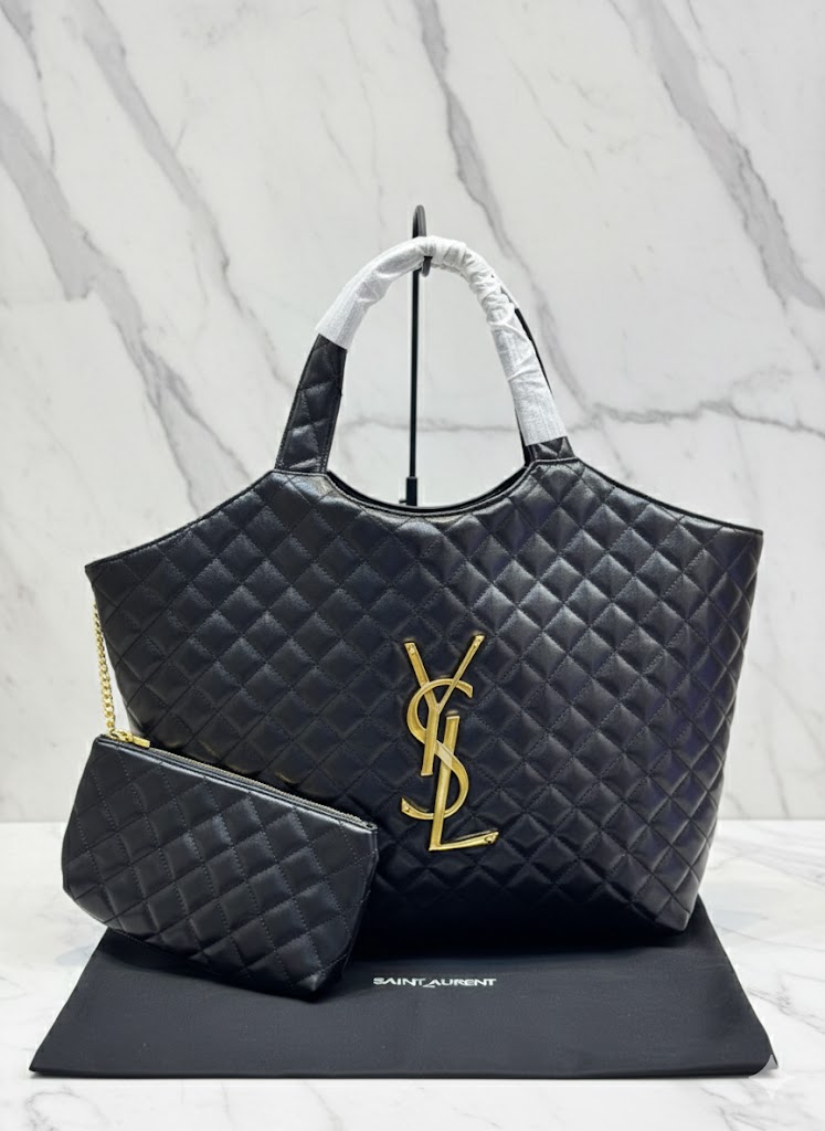 Saint Laurent Icare Quilted Leather Shopping Tote (Black) with Pouch