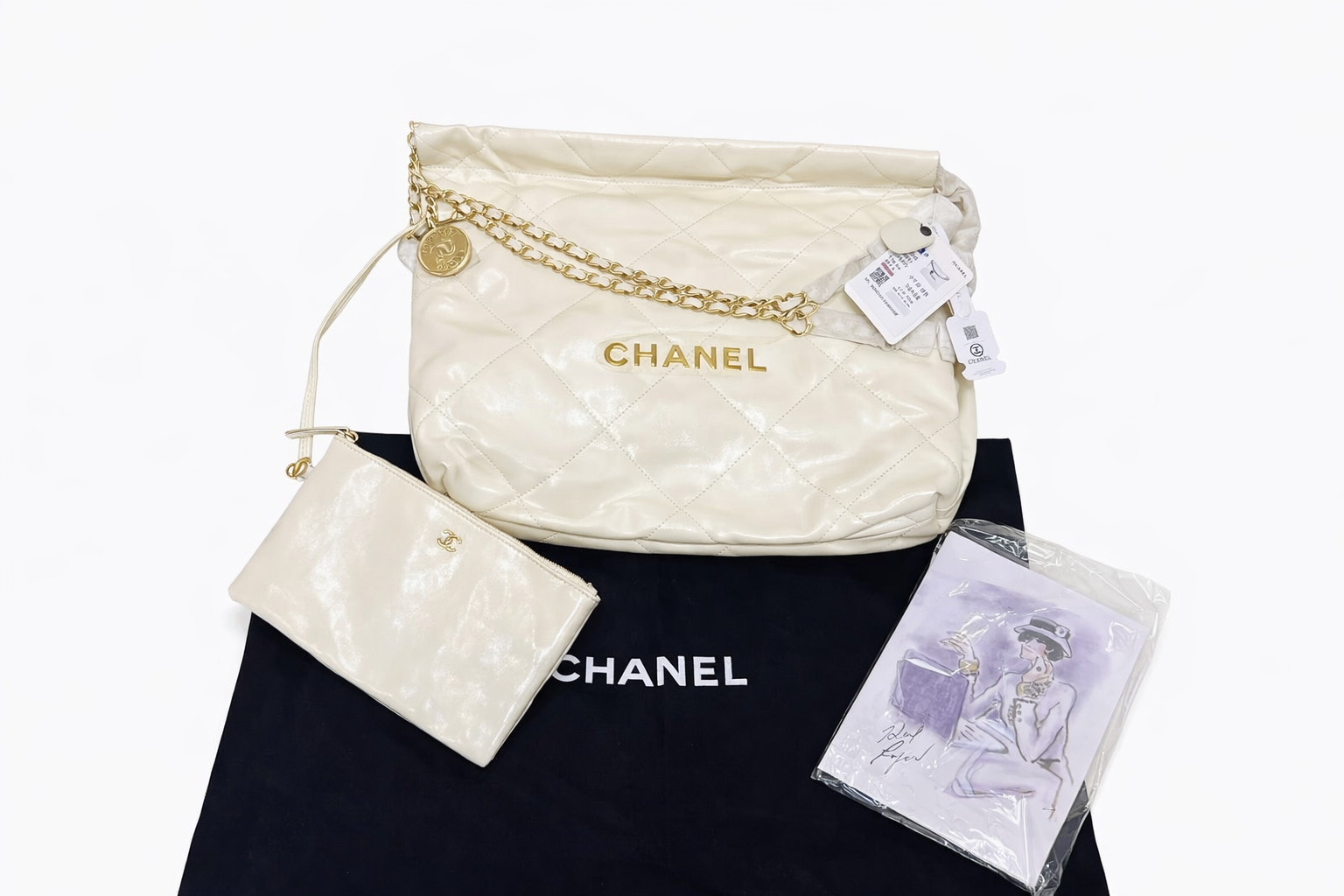 Chanel Style Quilted Chain Shoulder Tote Bag Cream 1