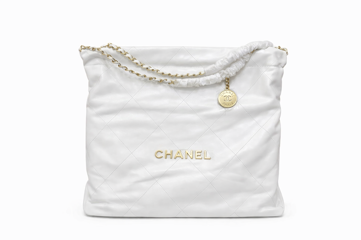 Chanel Style Quilted Chain Shoulder Tote Bag White 2