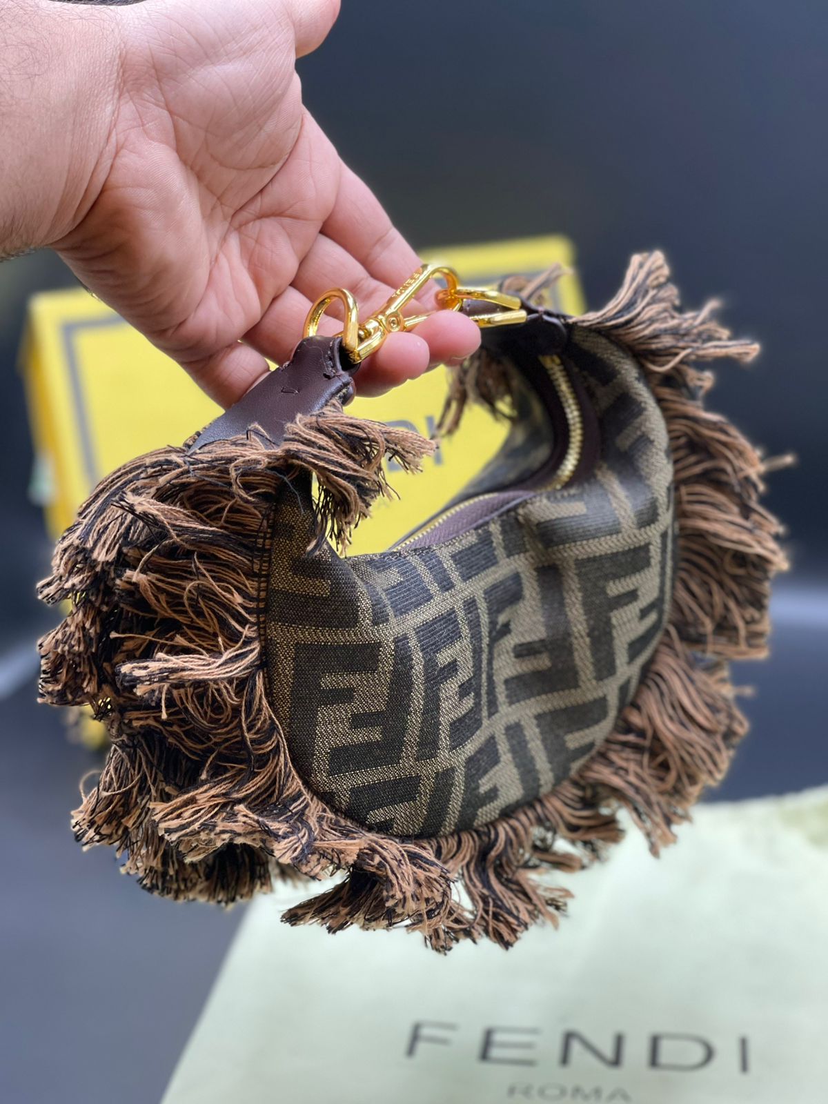 Fendi FF Monogram Fringe Fabric Handbag