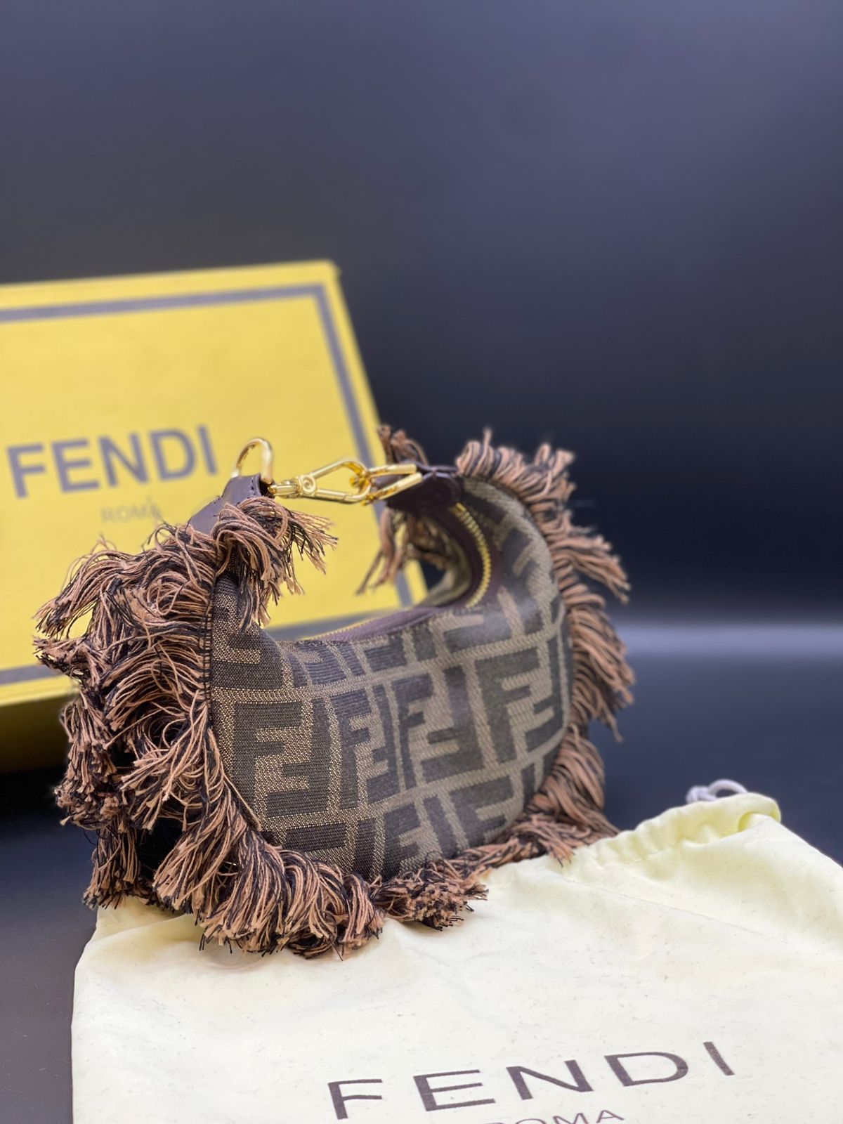 Fendi FF Monogram Fringe Fabric Handbag