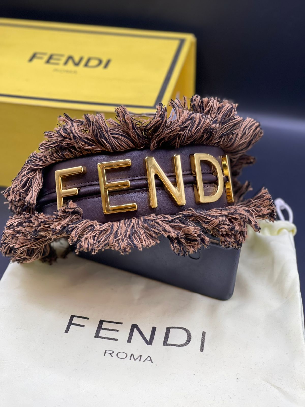 Fendi FF Monogram Fringe Fabric Handbag