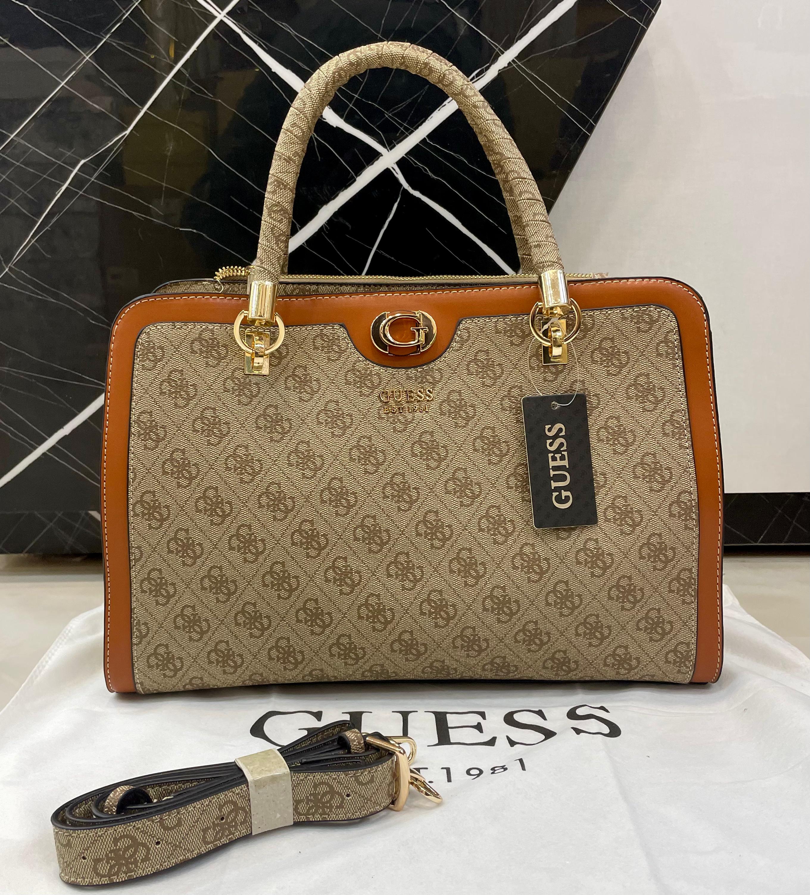 GUESS Monogram Satchel Bag Beige 1