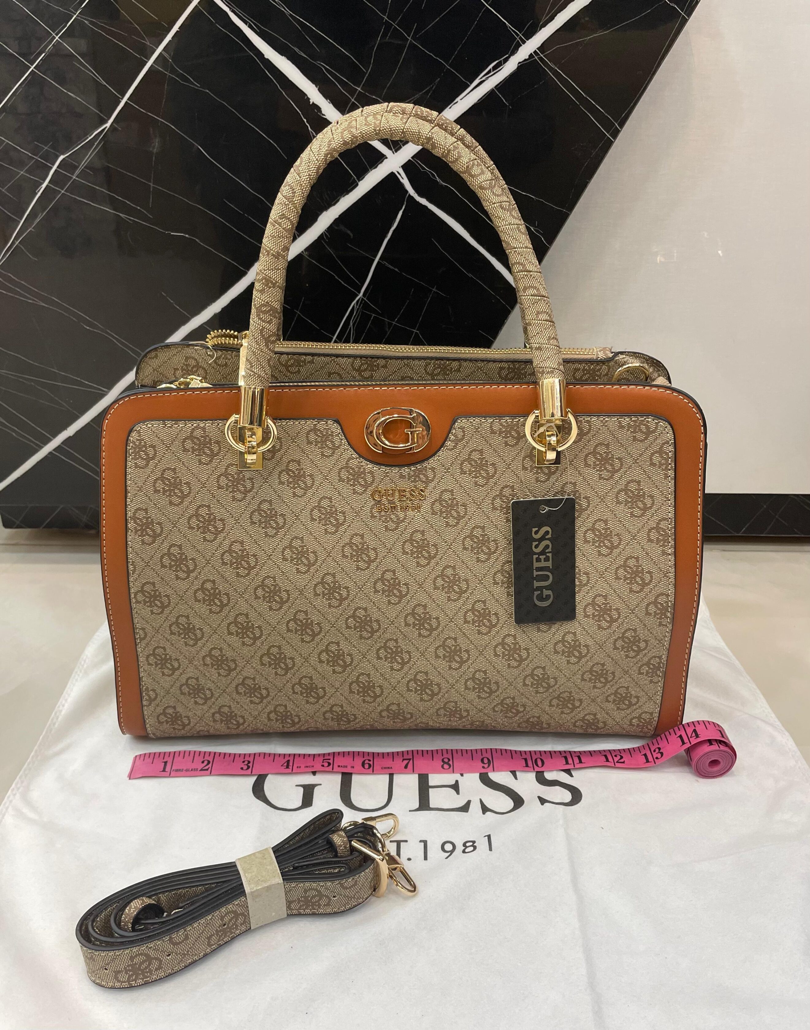 GUESS Monogram Satchel Bag Beige 4