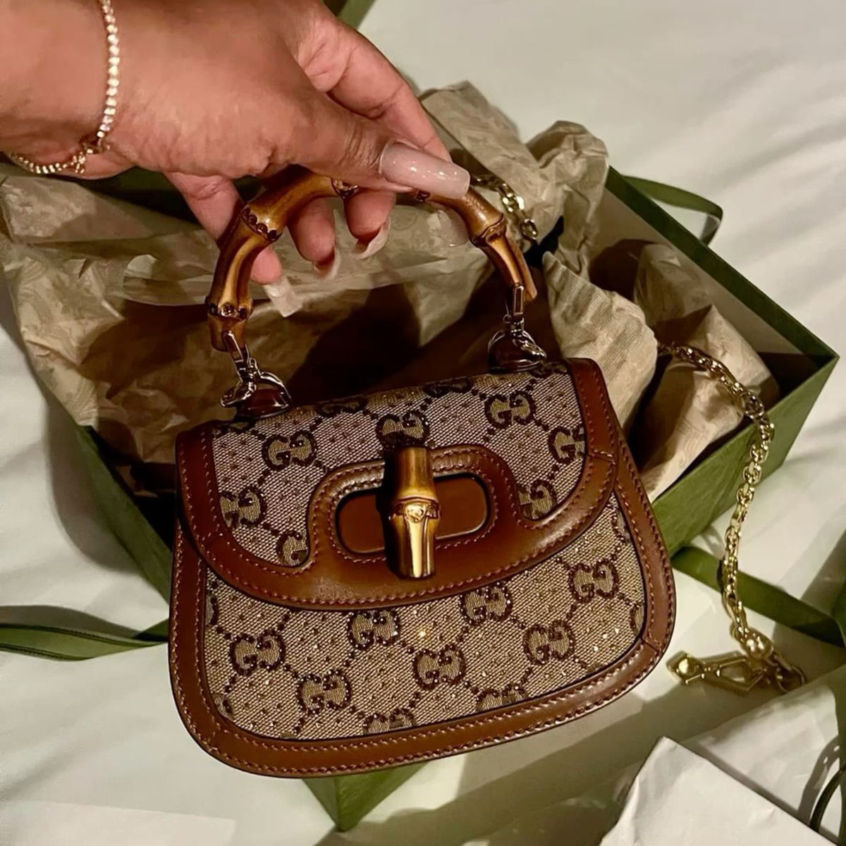 Gucci GG Canvas Bamboo 1947 Mini Top Handle Bag – GG Monogram Crystal Stud
