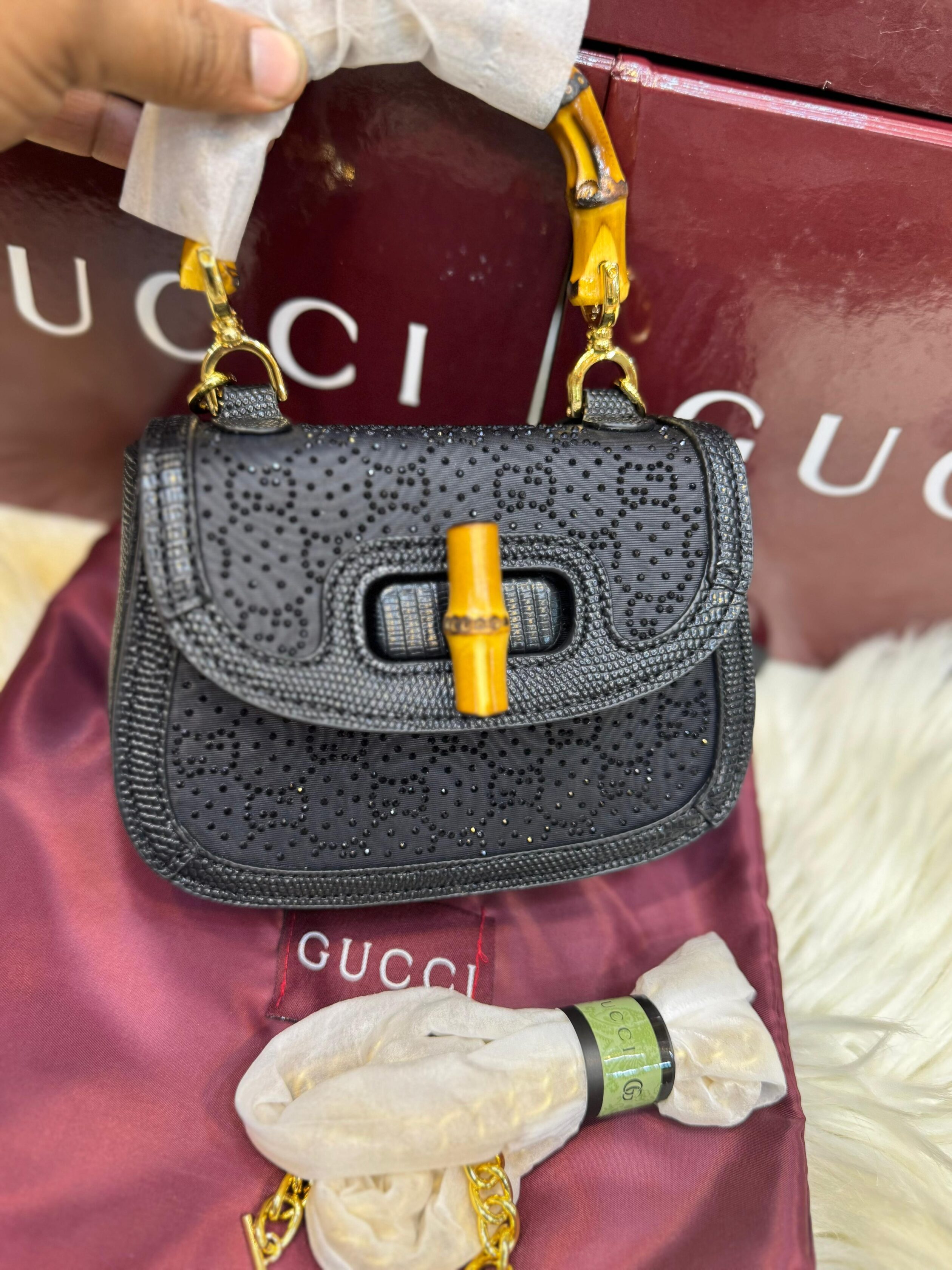 Gucci GG Canvas Bamboo 1947 Mini Top Handle Bag – GG Monogram Crystal Stud
