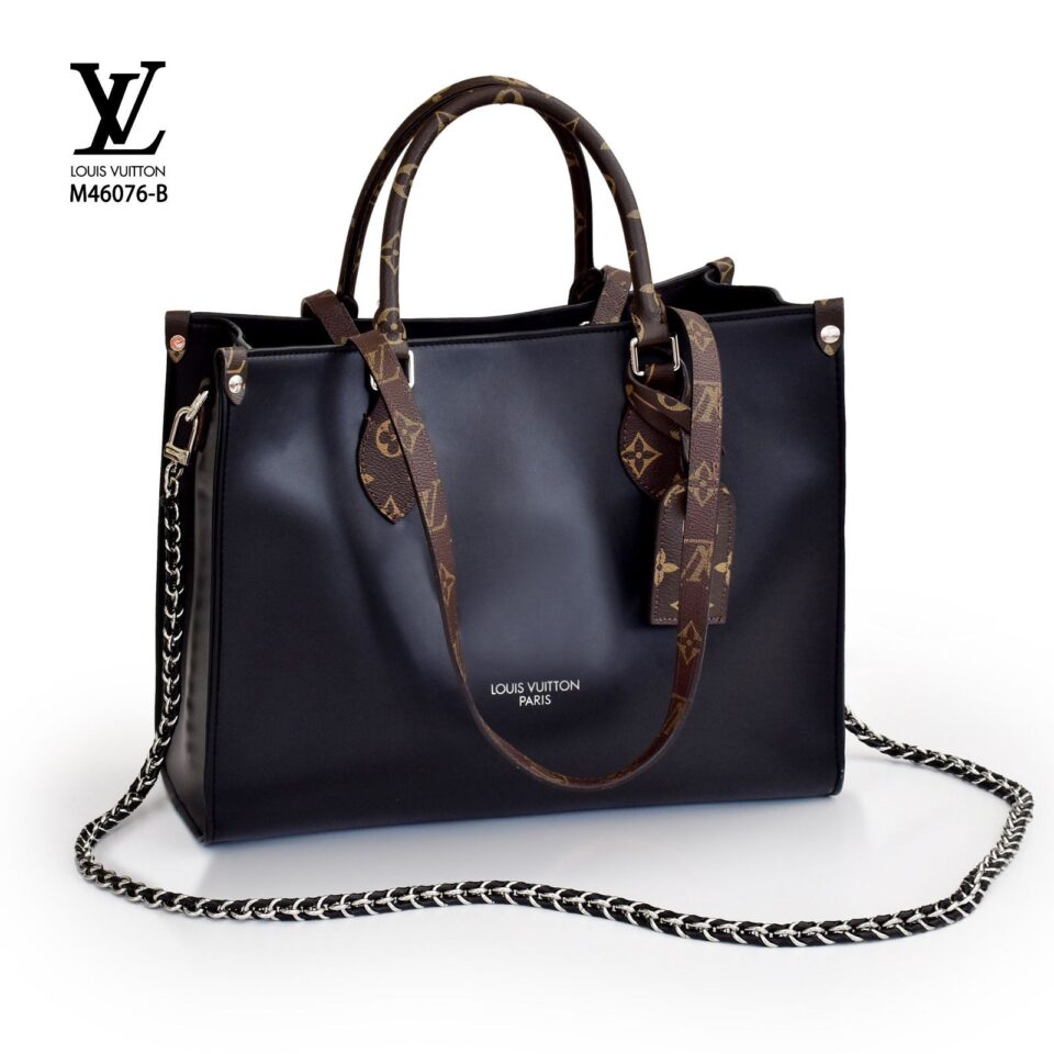 Louis Vuitton OnTheGo MM (Black Leather with Monogram Trim & Chain Strap)