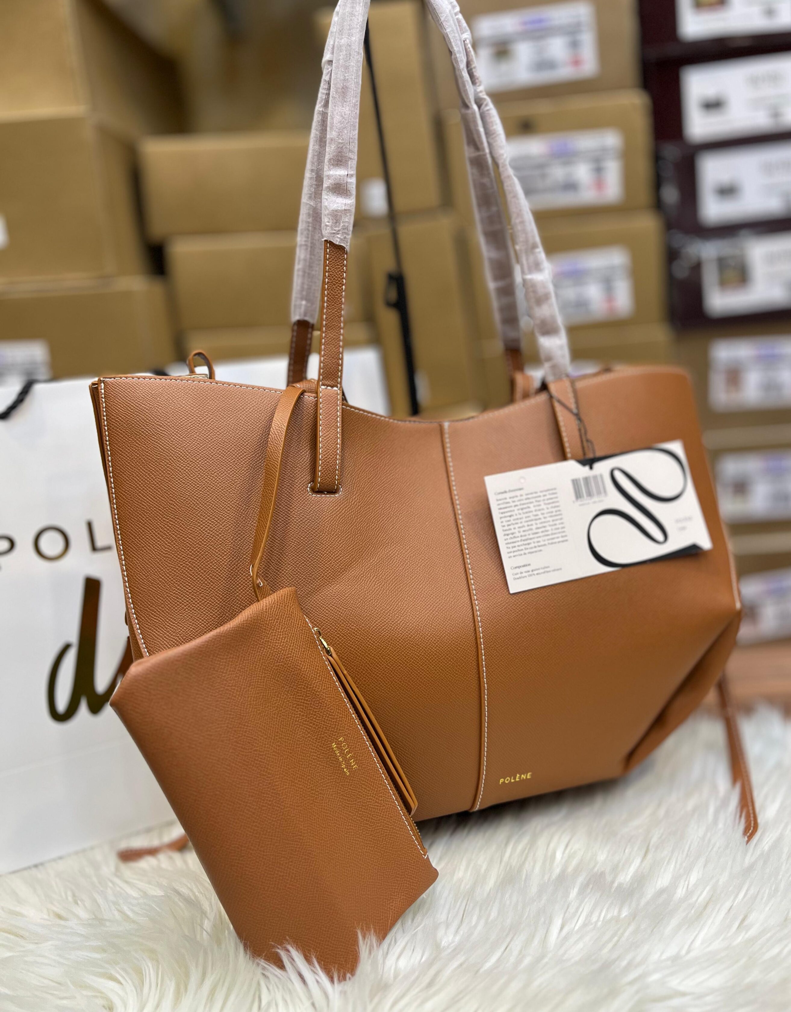 Polène Cyme Large Textured Leather Tote Bag with Pouch