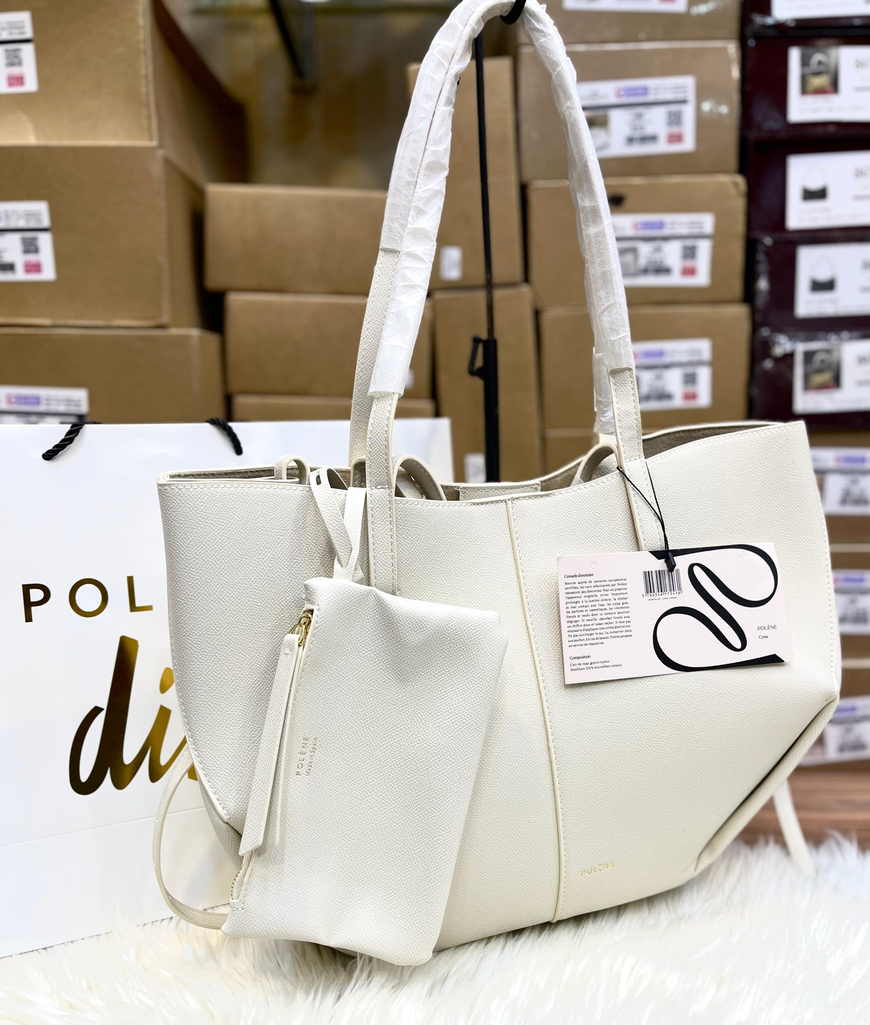 Polène Cyme Large Textured Leather Tote Bag with Pouch