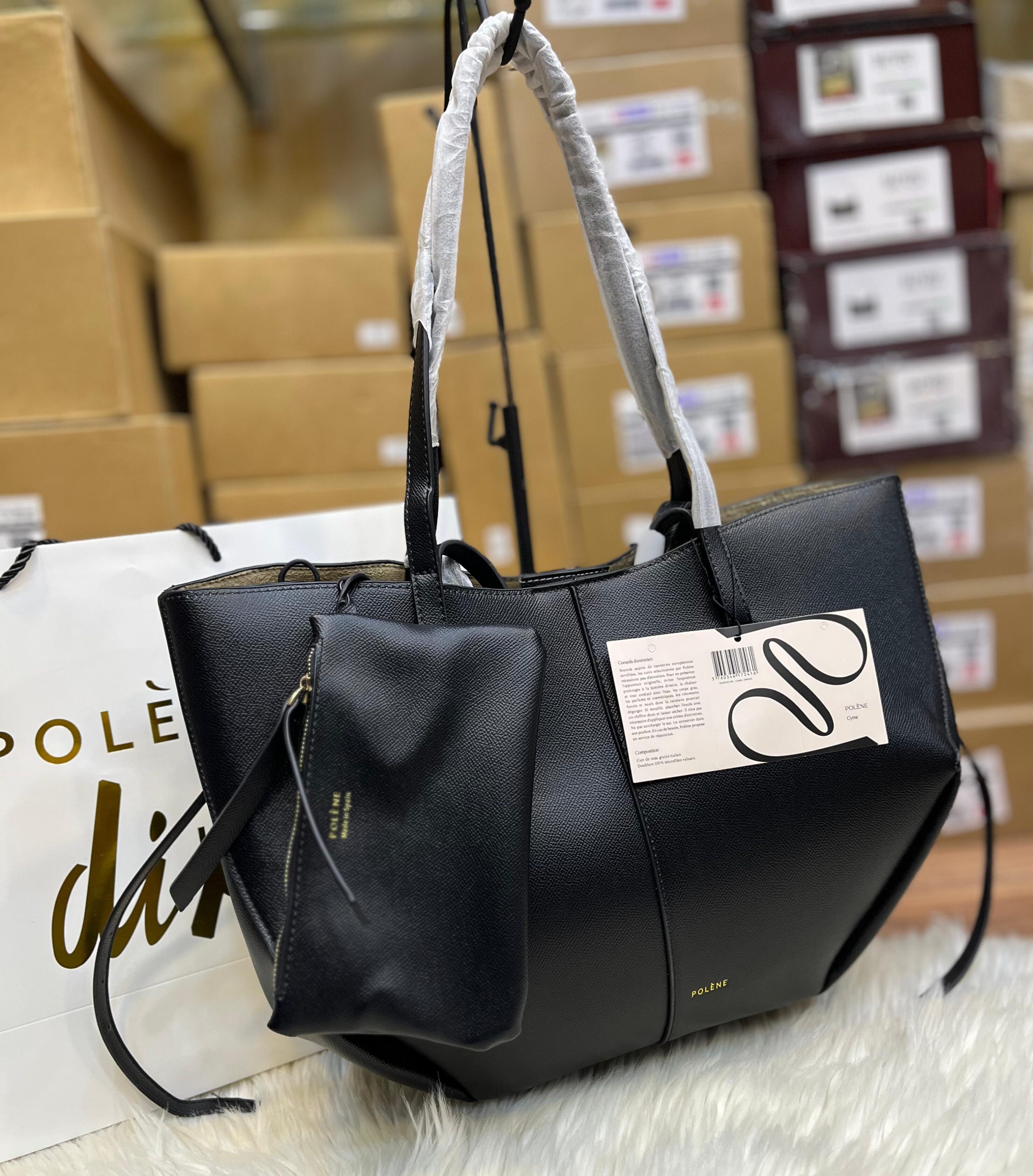 Polène Cyme Large Textured Leather Tote Bag with Pouch