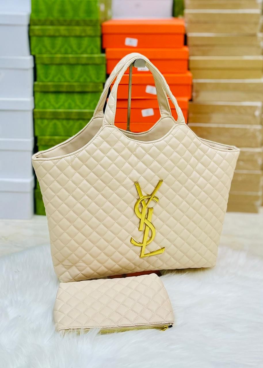 YSL Quilted Monogram Tote Bag with Matching Pouch