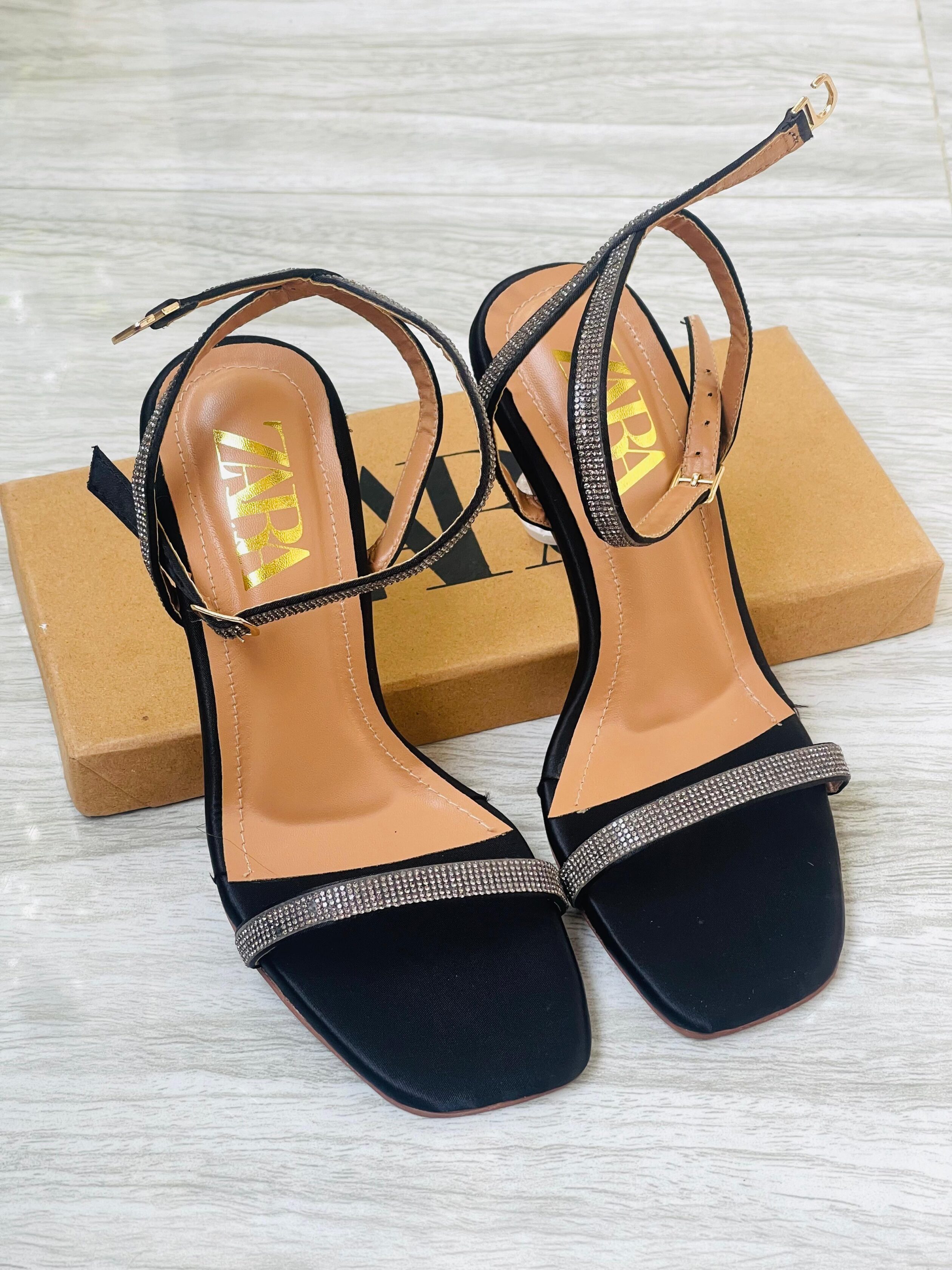 Zara Crystal Strap Heeled Sandals Black 1