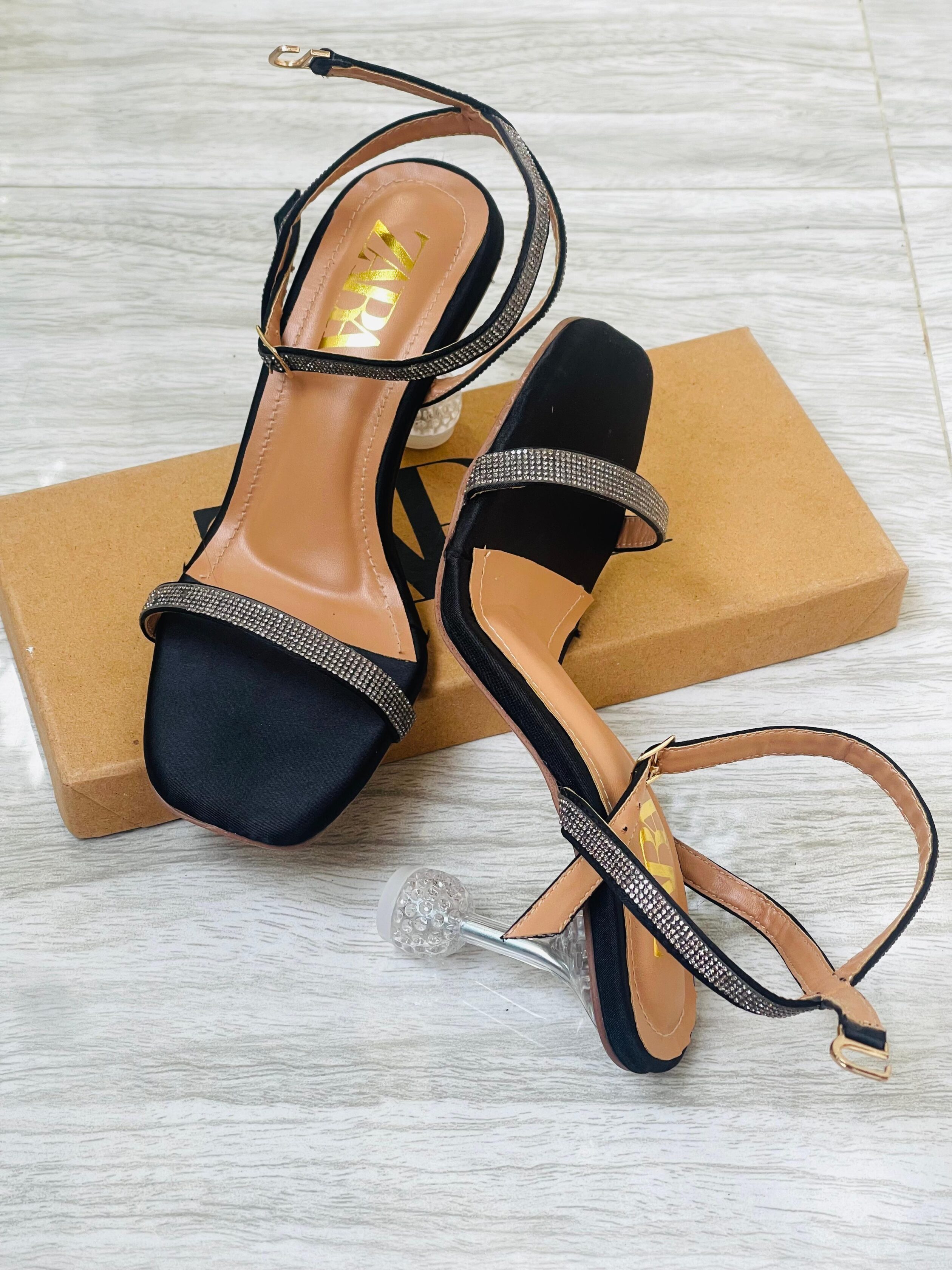 Zara Crystal Strap Heeled Sandals Black 2