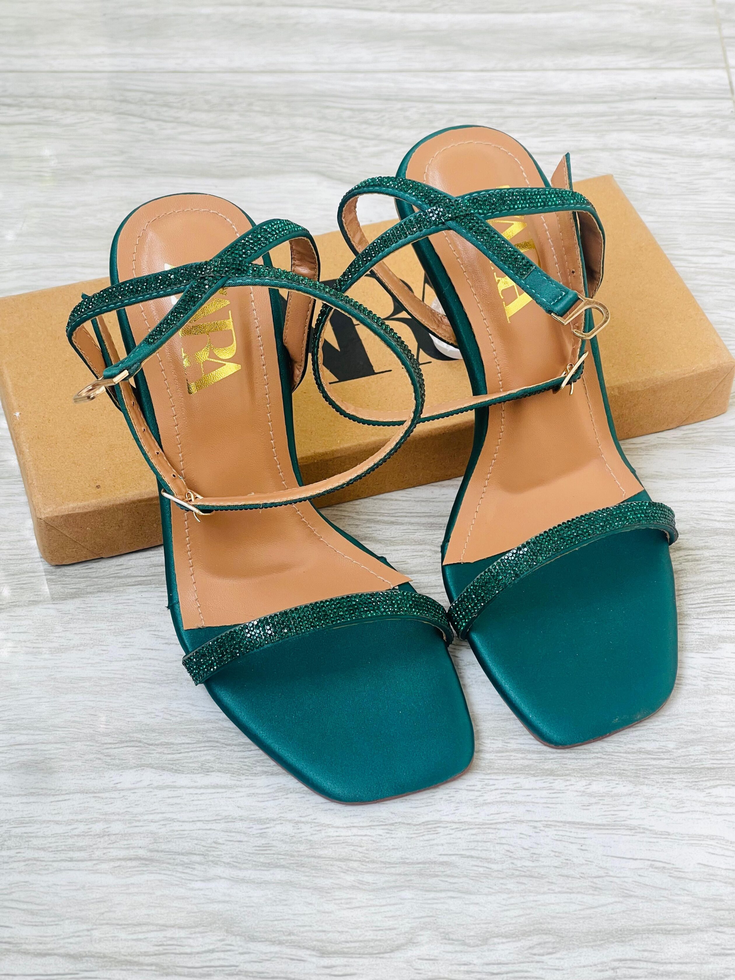 Zara Crystal Strap Heeled Sandals Emerald Green 1