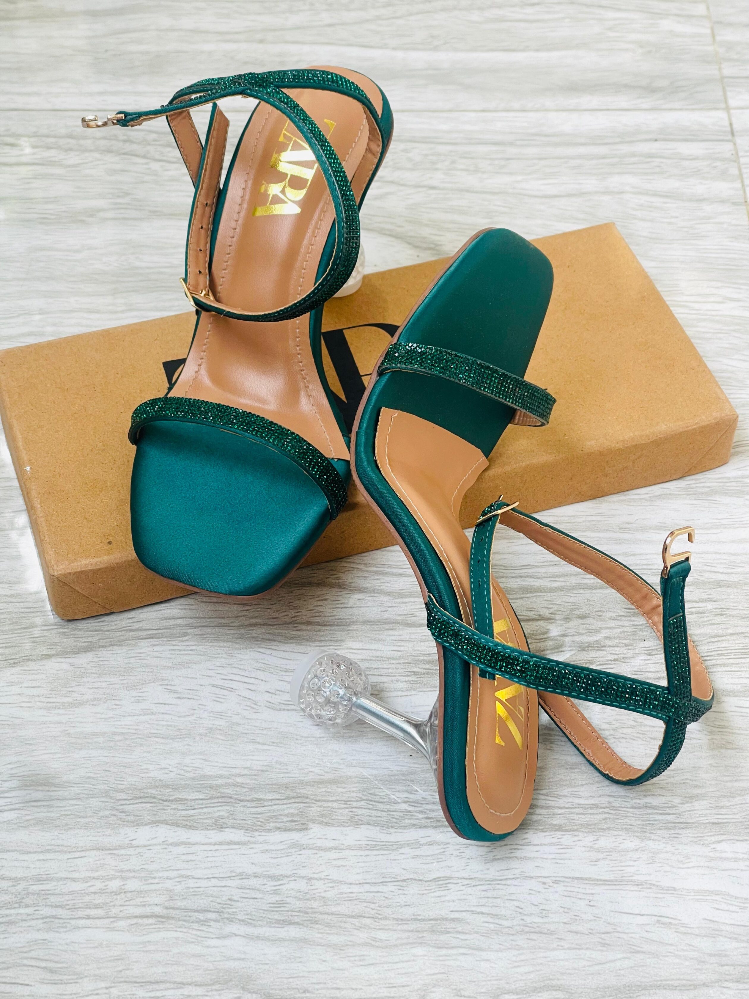 Zara Crystal Strap Heeled Sandals Emerald Green 2