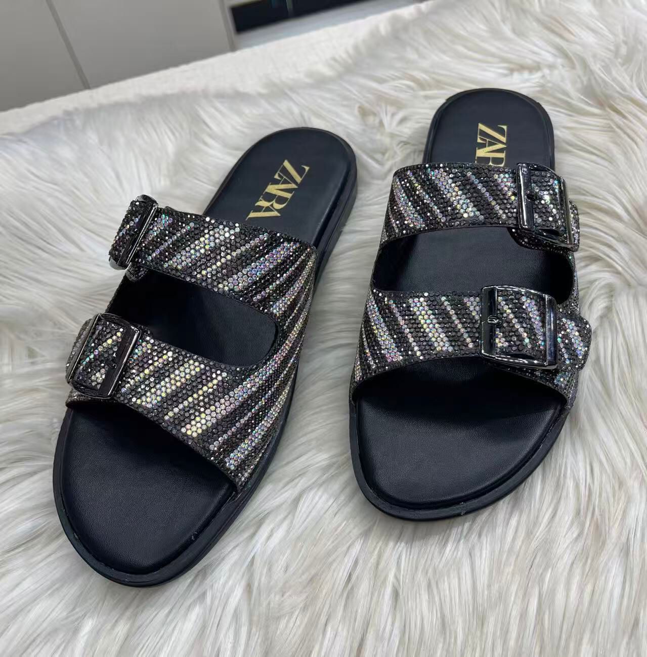 Zara Crystal Zebra Buckle Slide Sandals Black 1