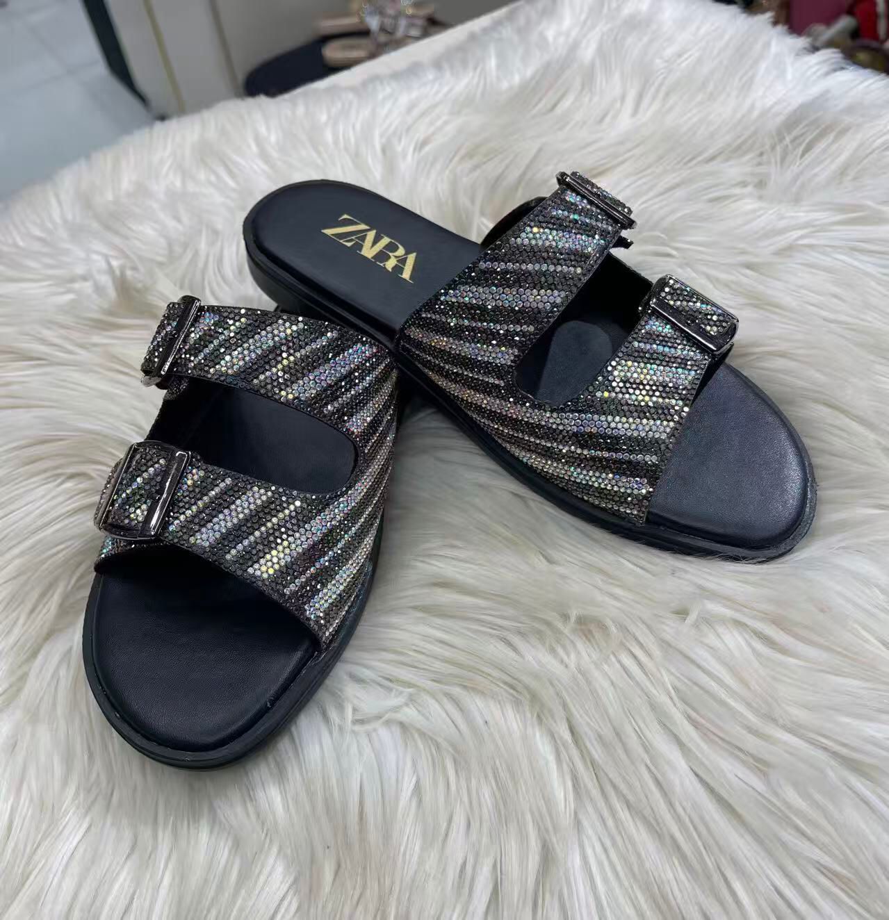 Zara Crystal Zebra Buckle Slide Sandals Black 2