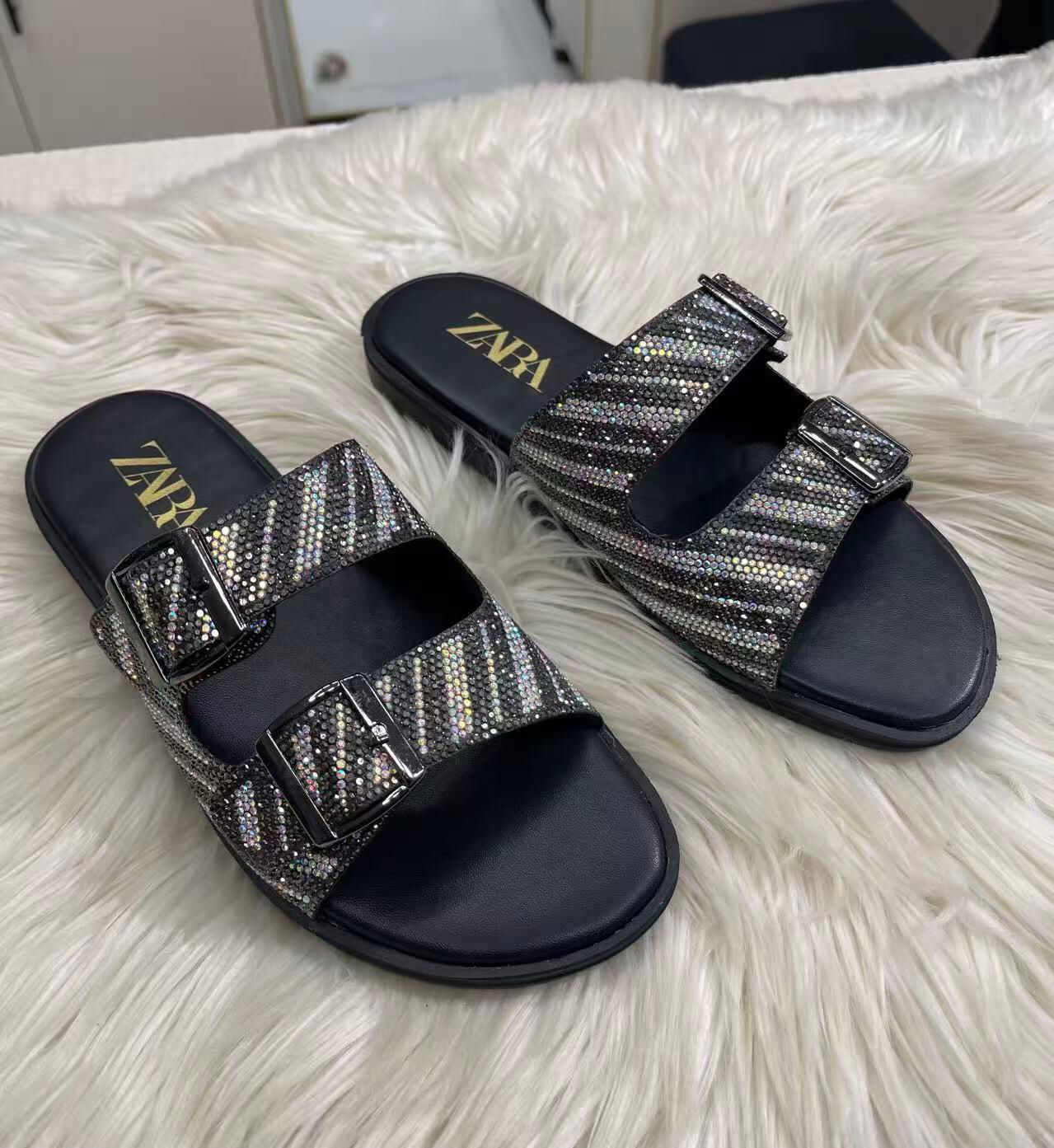 Zara Crystal Zebra Buckle Slide Sandals Black 3
