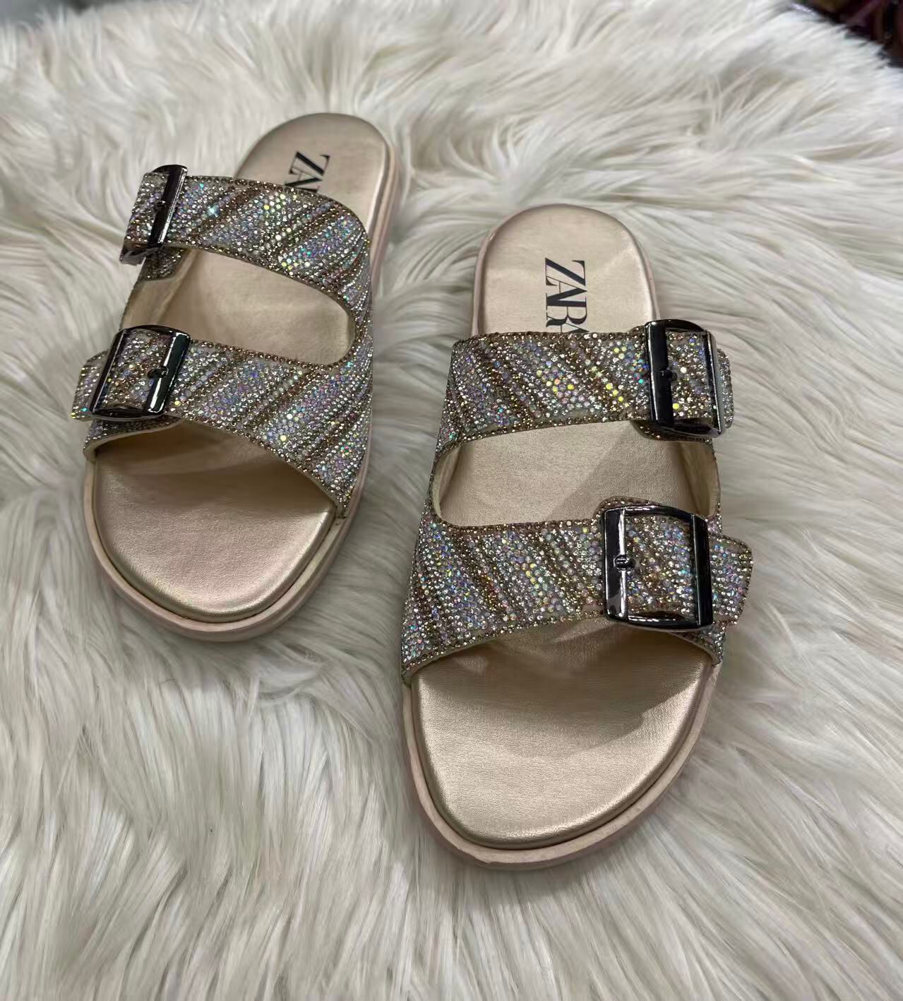 Zara Crystal Zebra Buckle Slide Sandals Rose Gold 1