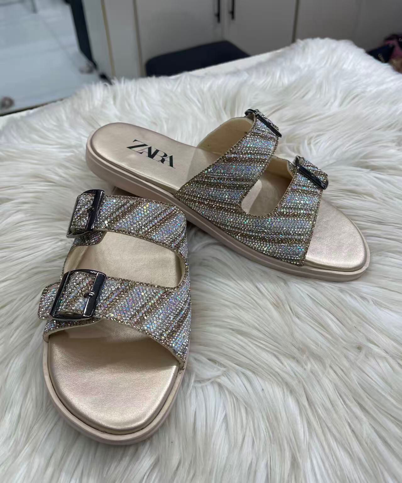 Zara Crystal Zebra Buckle Slide Sandals Rose Gold 2