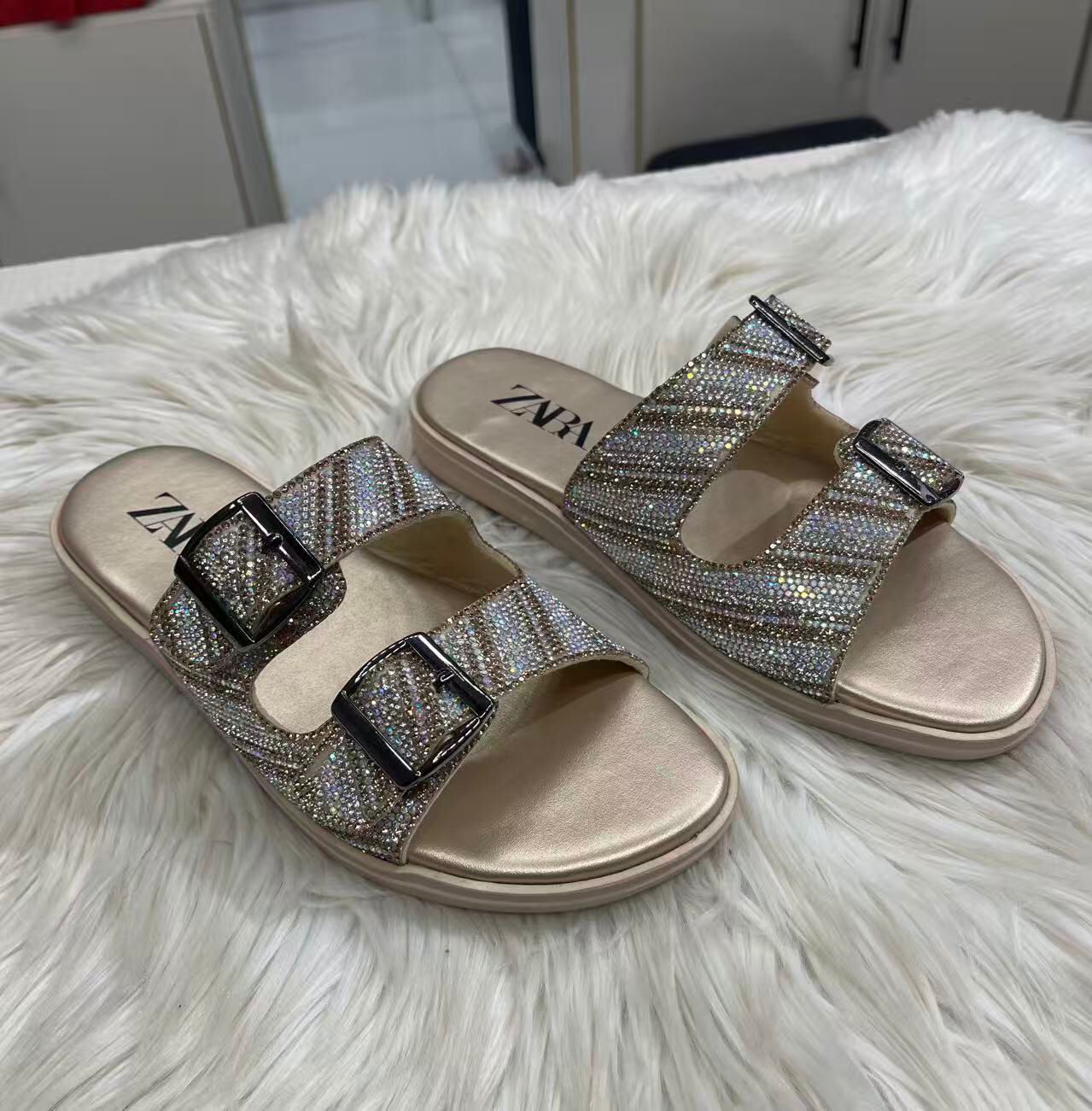 Zara Crystal Zebra Buckle Slide Sandals Rose Gold 3