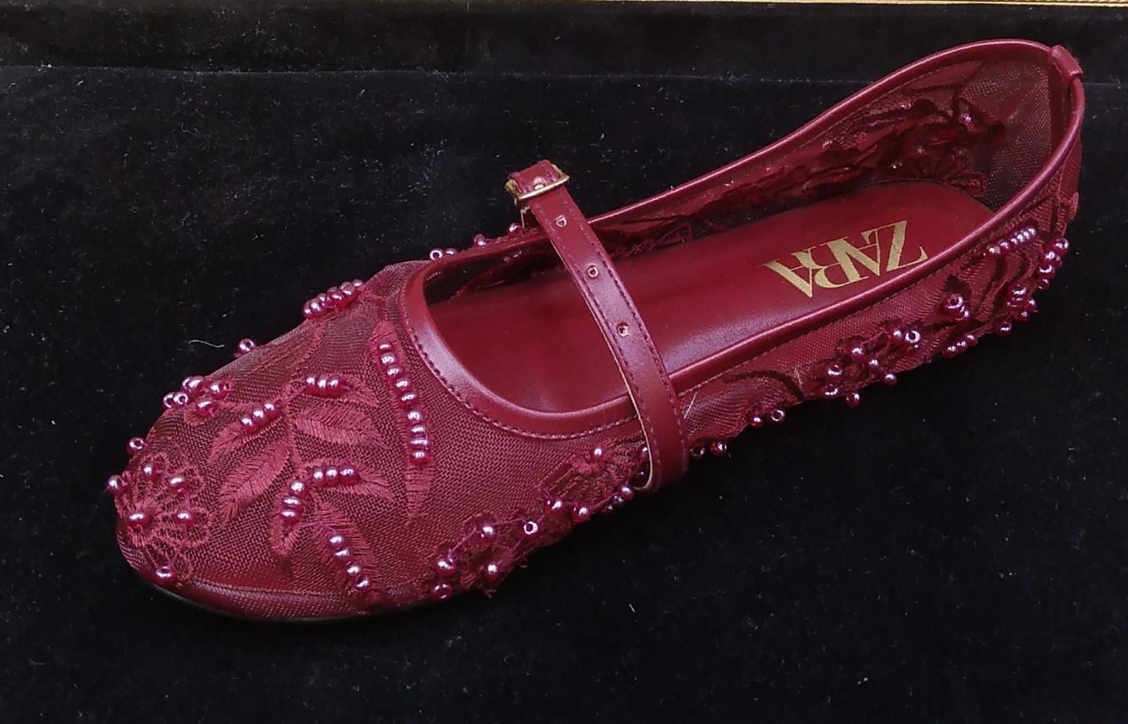 Zara Embroidered Mesh Mary Jane Pumps Burgundy 1