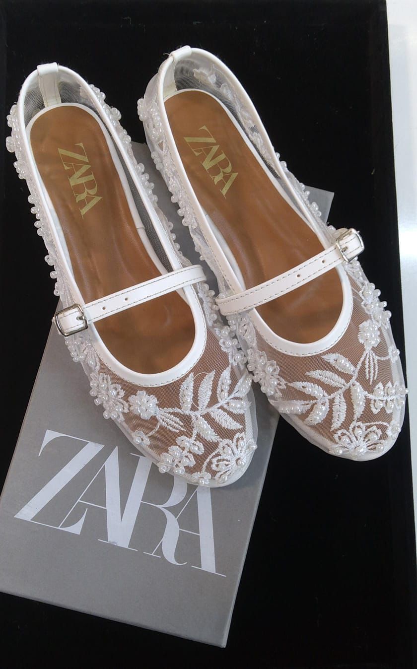 Zara Embroidered Mesh Mary Jane Pumps White 2