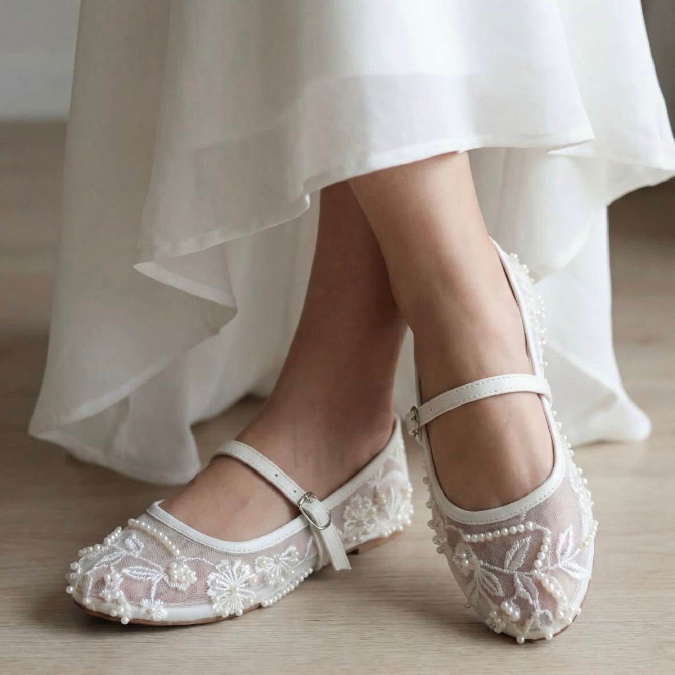 Zara Embroidered Mesh Mary Jane Pumps White 3